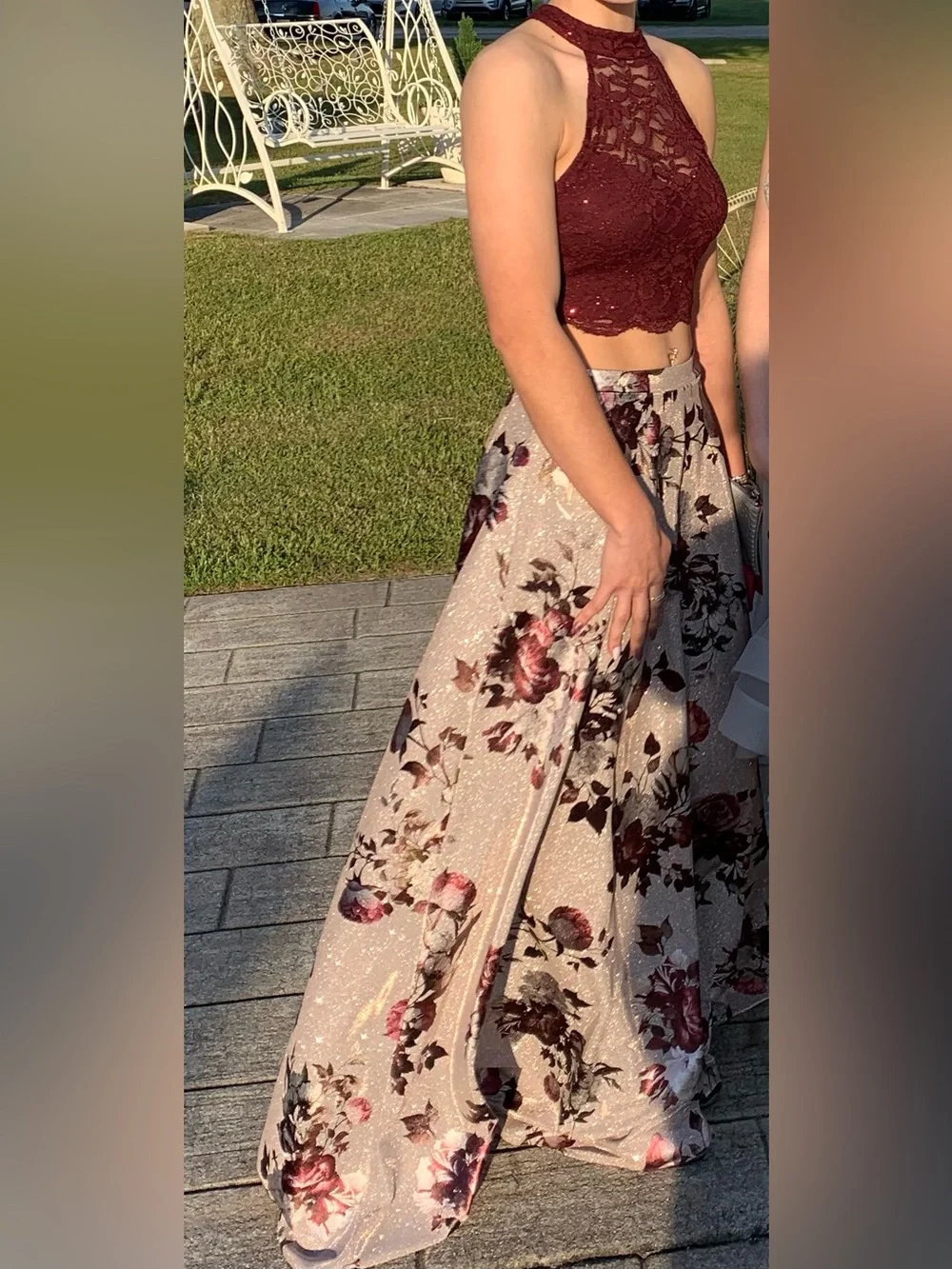 City Triangles Burgundy Lace Halter Crop Top with Silver Floral Maxi Skirt